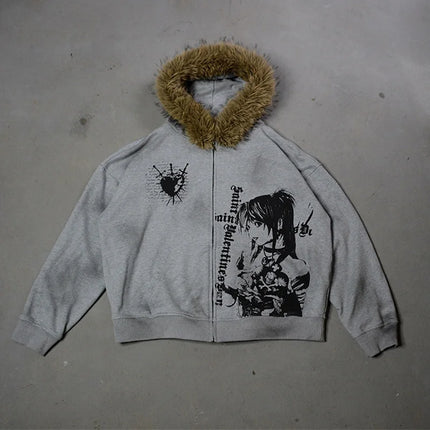 Winter Fashion Streetwear Women's Gothic Printed Faux Fur Hooded Jacket Trendy Edgy Zip - Up Sweatshirt 2026 New Arrival