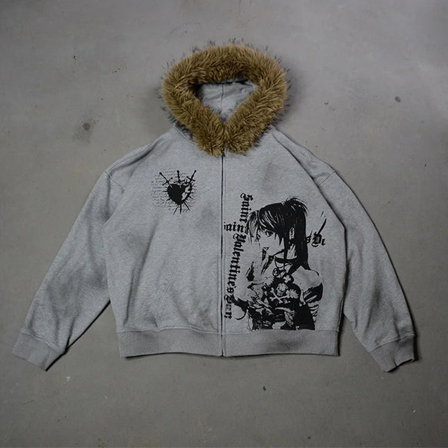 Winter Fashion Streetwear Women's Gothic Printed Faux Fur Hooded Jacket Trendy Edgy Zip - Up Sweatshirt 2026 New Arrival