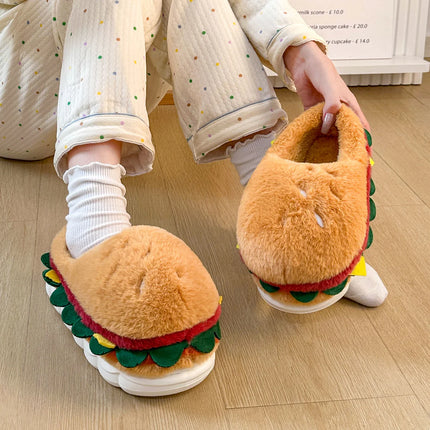 Creative Simulation Hamburger Slippers Women Men Funny Thick Sole Plush Shoes Non-Slip Soft Bottom 3D Cartoon Slides Indoor Home