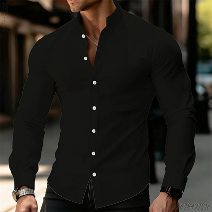 21 New Colors Men's Solid Color Long-Sleeved Stand Collar Shirt, Comfortable, Casual, Business, High-Quality, Elegant Men's Top