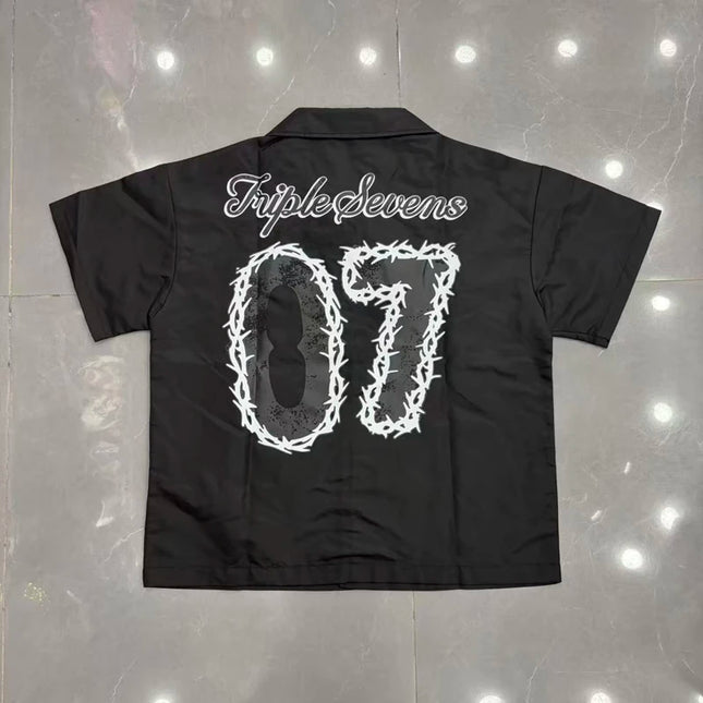 Red Triple Sevens Side Slit Button Placket Shorts Pockets 7S Logo Jorts Men Women Casual Drawstring Waterproof Loose Shortpants