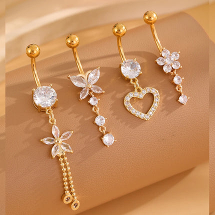 3-5pcs Mixed-Style Sets Heart Flower Dangle Belly Button Rings Stainless Steel Butterfly Curved Zircon Belly Piercing Navel Ring