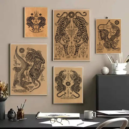 Thai S-Sak Yant Twin Tigers Poster Stickers HD Waterproof Painting Wall Art for Bedroom Living Room Home Decor Decoration Gift