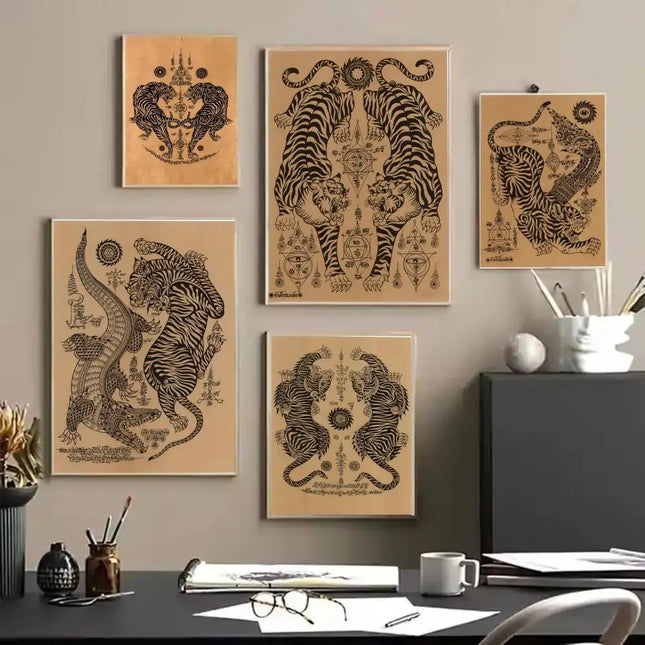 Thai S-Sak Yant Twin Tigers Poster Stickers HD Waterproof Painting Wall Art for Bedroom Living Room Home Decor Decoration Gift