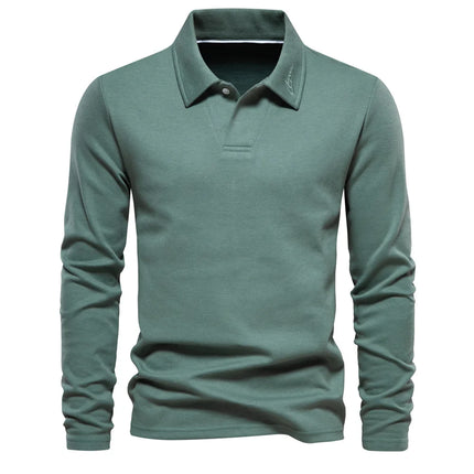New men's long-sleeve cotton polo, embroidered, sport collar, trendy & versatile.
