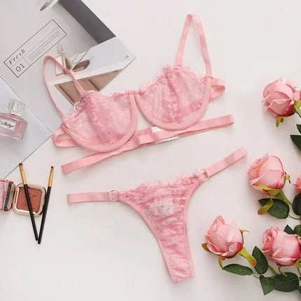 Sexy Lingerie Woman Lace Transparent Underwear Fairy Embroidery Brief Sets Delicate Bra Kit Push Up Breves Sets Thin Bras