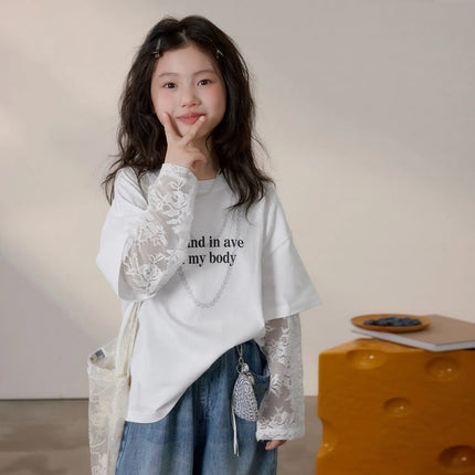 Fake Two Piece Lace Girls Clothes 11 To 12 Years Children's Clothing From 10 Korean Kids 7 T Shirt Outdoor T Shirts Top Girl 8 4