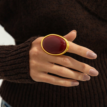 Salircon Classic Simple Geometry Red Oval Resin Finger Ring for Women Vintage Elegant Rings Charm Party Accessories Jewelry Gift