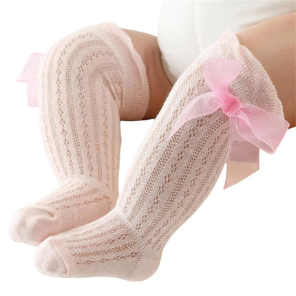 Infant Baby Girls Long Stockings Princess Solid Color Cute Bowknot Breathable Loose Mouth Socks Over-The-Knee Socks 0-24M