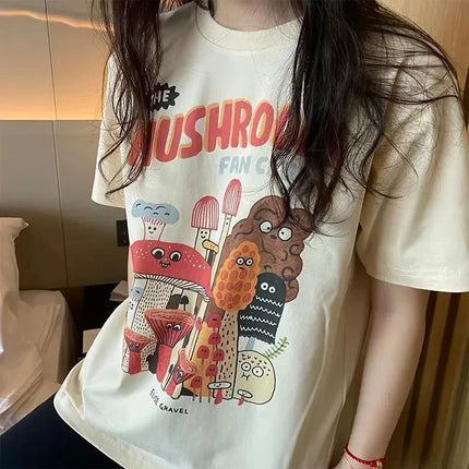 The Mushroom Cute Women's T-Shirt Harajuku Vintage 80s 90s Cotton Short Sleeve Kawaii Graphic Funny Tee Streetwear Clothes