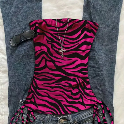 Cropped top - Women's summer vacation pleated lace-up leopard print vest, sleeveless zebra print top, pink zebra print top,