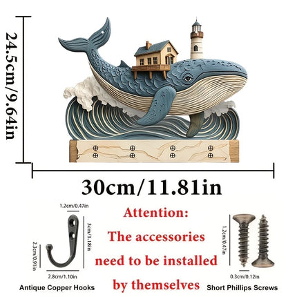 1 Piece 2D Wooden Hanging Decoration with Household Key Hook Whale Pattern Wooden Key Hangers Wall Wall Mount Room Decoration