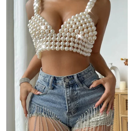 Sexy Accessories Women Bikini Pearl Chest chain Body Chain Jewelry Totally Hand-made Bra Fringed For Beach Nightclub Waist Chain