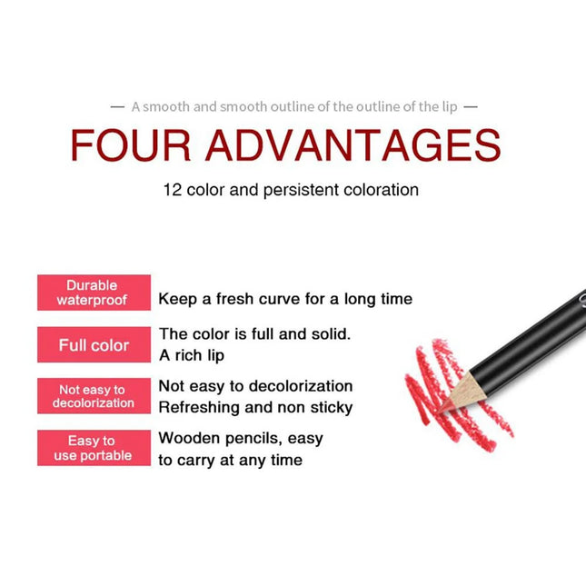 12PCS Matte Lip Liner Pencils Waterproof Long Lasting Pigments Smooth Colorful Nude Silk Lip Makeup