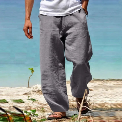 2026 Men's Linen Cotton Straight Tube Breathable Lightweight Beach Style Comfortable Casual Pants for Spring and Summer