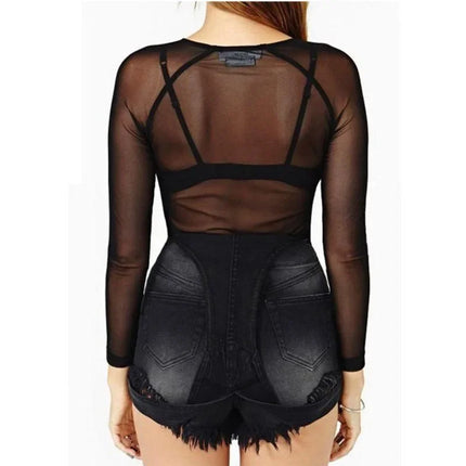 New Black Sexy Women T Shirt See Through Transparent Punk Mesh Tops Long Sleeve Sheer Slim Ladies Solid T-Shirt Lace Crop Top