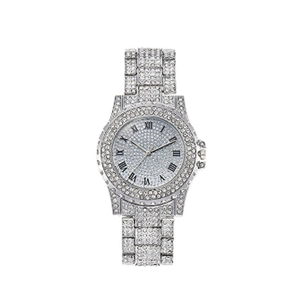 Star-studded stainless steel bracelet diamond-encrusted hip-hop men's watch with water crystal Roman numerals and date display