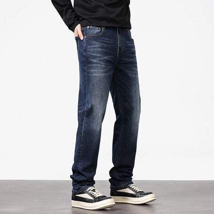 Brand jeans pants Men's Light Business Micro Stretch Straight Fit Denim Pants Vintage All Season Long Pants Deep blue versatile
