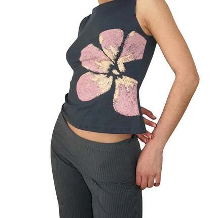 Women's Flower Print Crop Tank Top Fitted Boat Neck Sleeveless Summer Top for Party Club 2025 New Fashion