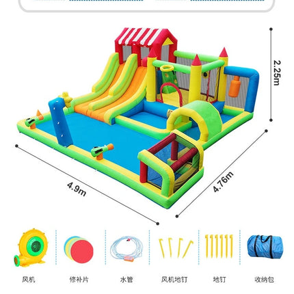 SkyBounce Inflatable Bounce House Triple Slides Water Guns Obstacle Course Soccer Goal And Basketball Hoop Summer Backyard Play