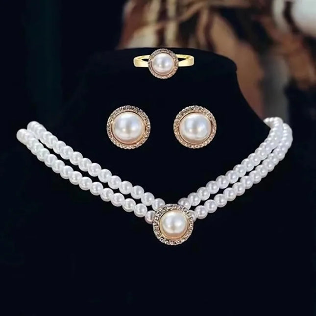 4Pcs for Women's Party Accessories Jewelry Fashion Elegant Geometric Round Rhinestone Imitation Pearl Beaded Necklace Earring