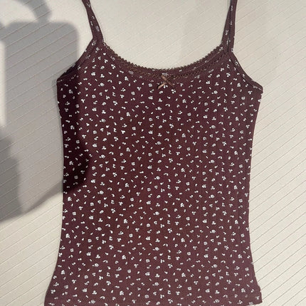 Sweet Floral Print Eyelet Bow Cropped Vests Women Cotton Casual Slim Lace Trim Tank Tops Vintage Preppy Style Cute Camisole Y2K