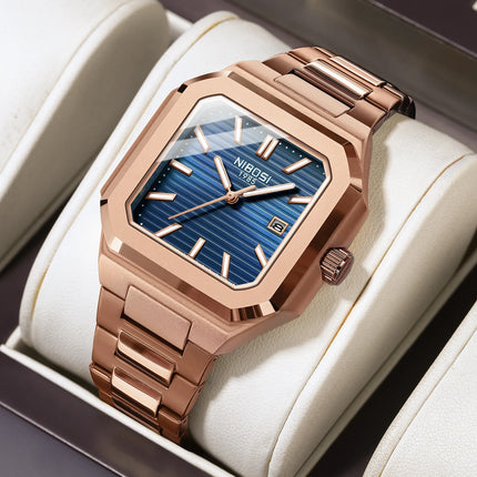 NIBOSI Luxury Square Fashion Men's Wristwatch Waterproof Luminous Date Week Quartz Men's Watches Stainless Steel Men's Watch Reloj