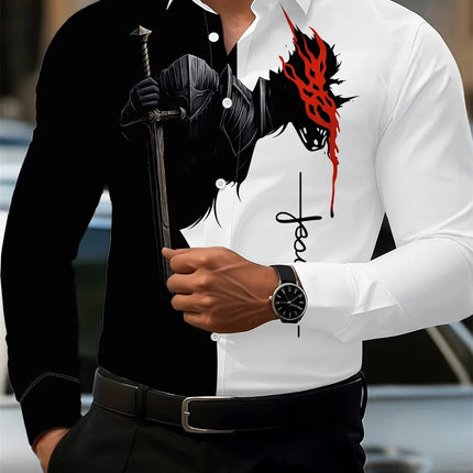 2026 Men's Fashion Red Rose Print Long-Sleeve Shirt, Stylish Casual Design, Spring/Autumn Casual Shirt, Sizes XS-6XL