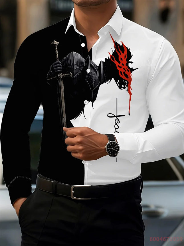 2026 Men's Fashion Red Rose Print Long-Sleeve Shirt, Stylish Casual Design, Spring/Autumn Casual Shirt, Sizes XS-6XL