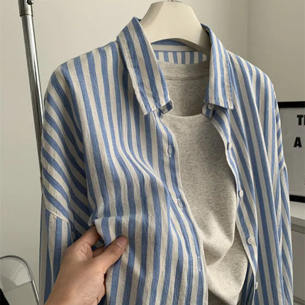 Blue Linen Striped Shirt for Women in Summer, Thin Sagging, Lazy and Slimming, Sun Blouse