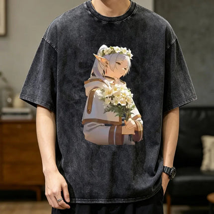 Harajuku Anime Frieren T-shirt Vintage Washed Tshirt Cartoon T Shirt for Men's Clothing High Quality Pure Cotton Tees Tops