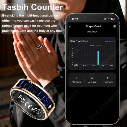 Call ID Reminder Smart Ring Display Screen and Touch,Tasbih Counter,Health Manager,5ATM Waterproof Multiple Sport Mode Men Women
