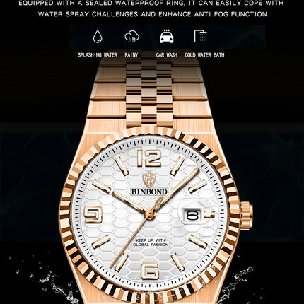 BINBOND Brand Stainless Steel Quartz Watch For Men Luxury Date Display Waterproof Luminous Fashion Men Watch relogios masculino