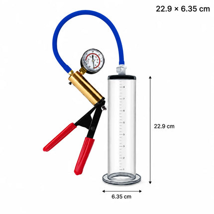 Male Acrylic Cylinder Vacuum Pump Sex Toy with Blue Hose Red Hand Grip Gauge and Man Masturbation Accessories
