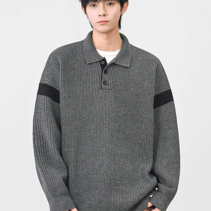 Autumn Winter Polo-Style Colour-Block Knit Sweater Men Effortlessly Stylish Relaxed Fit Loose Collar Top Warm Cosy