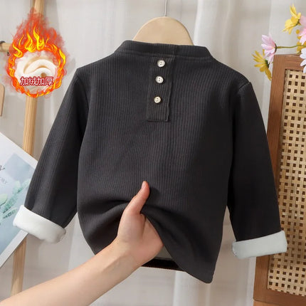 2025 New Kids Fleece Shirt Winter Warm Tops Boys Girls Fashion Casual Crewneck Tee Baby Thermal Clothes Trendy Outfit