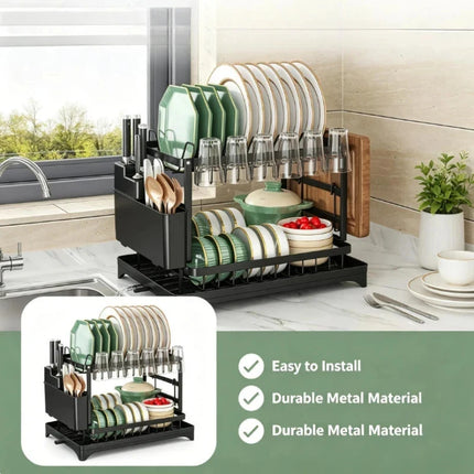 2-Tier Dish Drying Rack with Drain Tray Spout Cutlery Cup Holder Multifunctional Kitchen Countertop Storage Organizer
