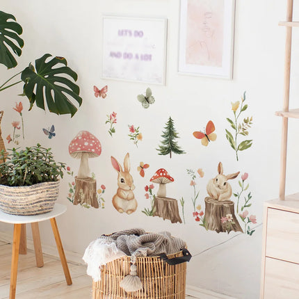Cartoon Little Rabbit Tree Stump Forest Bedroom Living Room Home Wall Background Beautification Decorative Wall Stickers