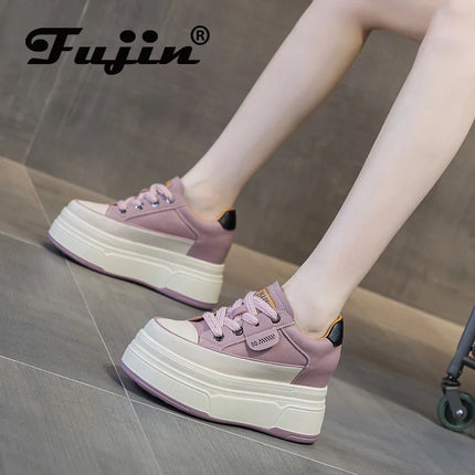 Fujin 9cm 3 inch comfortable platform sneakers for women Genuine Leather Women Vulcanized Shoes Platform High Heels Casual Shoes