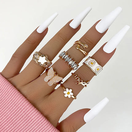 Colorful Enamel Butterfly Kunckle Rings Set For Women Geometric Heart Dollar Sign Finger Ring Girls Summer Fashion Jewelry