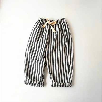 Retro Hemp Cotton Striped Boys' Pants with a Casual and High-end Design Elastic Waist Girls' Clothing Children's Pants
