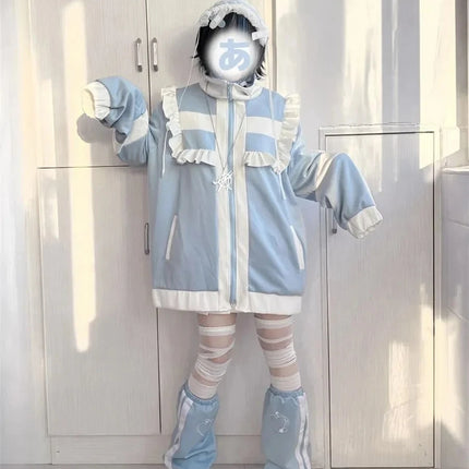 Japanese Y2K aesthetic Lolita style women's Harajuku style zip-up sweatshirt loose jacket autumn decadent casual ruffled patchwo