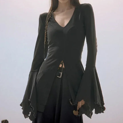 Goth Dark Fairy Grunge Flare Sleeve V-neck T-shirts Gothic Split Sexy Lettuce Hem Female Blouses Y2k Black Slim Fashion Alt Tops