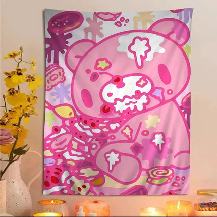 VIKAMA Cute Pink Bear Cartoon Tapestry, Wall Hanging For Living Room, Bedroom, Gaming Room, Dorm And Birthday Party Home Decor