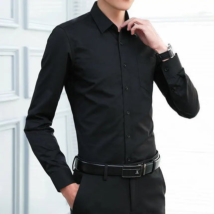 Men's Slim Fit Long Sleeve White Shirt Wedding Groomsmen Business Formal Korean Style Polyester Fiber Non-Iron Treatment