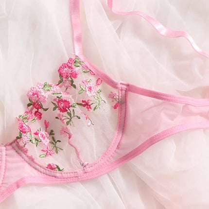 Bra Brief Set Woman 2 PCS Lingerie Sexy Floral Embroidery Underwear Mesh Intimate Transparent Lace Short Skin Care Bralette Kits