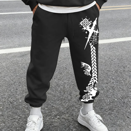 Men's Gothic Thorn Cross Rose Braid Vertical Print Sweatpants Elastic Waist Soft Fabric Dark Punk Street Hip Hop Joggers