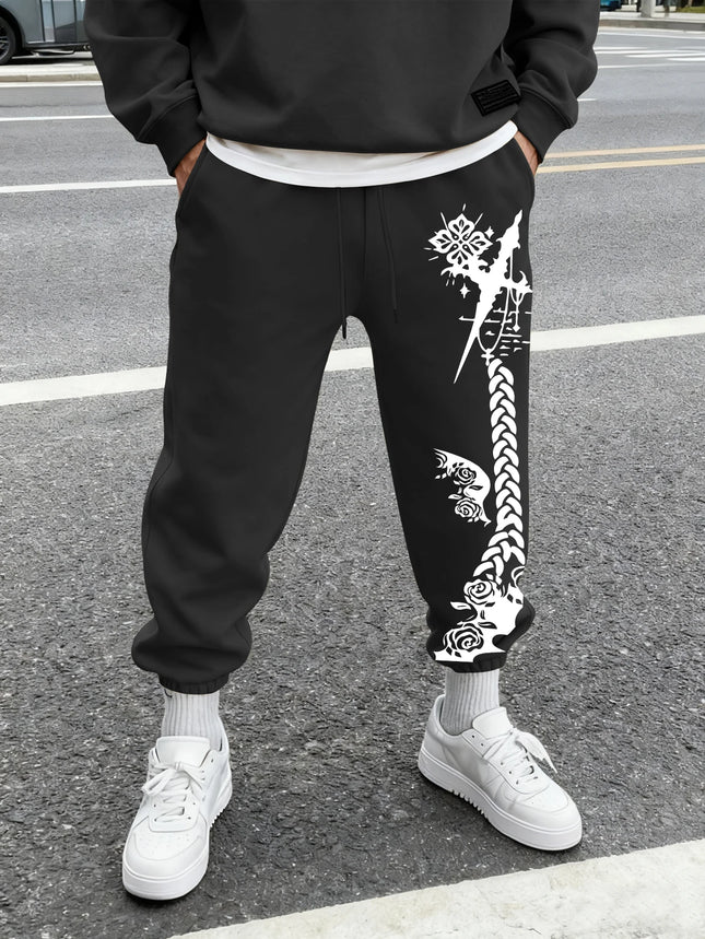 Men's Gothic Thorn Cross Rose Braid Vertical Print Sweatpants Elastic Waist Soft Fabric Dark Punk Street Hip Hop Joggers