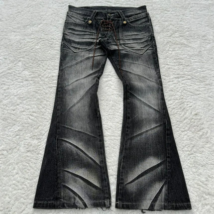 Y2K Distressed Flare Jeans Gothic Men Double Waist Lace Up Denim Pants Retro Washed Scratches Streetwear Unisex Bootcut Jeans