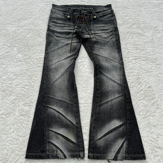 Y2K Distressed Flare Jeans Gothic Men Double Waist Lace Up Denim Pants Retro Washed Scratches Streetwear Unisex Bootcut Jeans